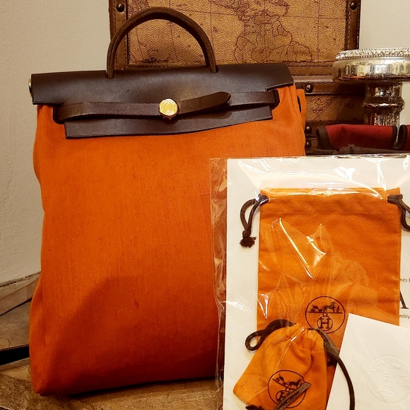 Auth HERMES Her Bag Ado PM 2-Wy Backpack Orange/Red/Dark Brown Canvas - Picture 2 of 16